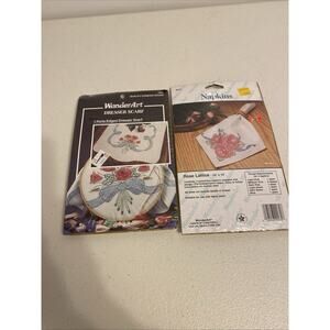 VTG WonderArt Dresser Scarf Napkin Fabric For ArtCraft Kit Floral 1344,9070 Lot2